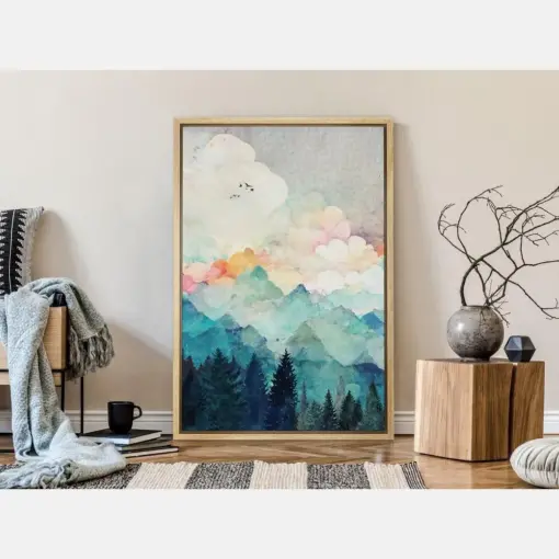 Framed Canvas Print Wall Art Pastel Watercolor Mountain Range Pine Tree Forest Nature Woodland Nursery Decor Decorative Botanical