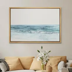 Framed Canvas Wall Art Blue Beach Ocean Photography Prints Minimalist Modern Art Coastal Room Decor