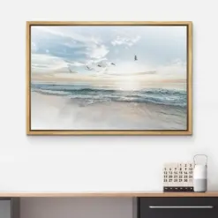 Framed Canvas Wall Art - Flight Over Coastal Beach Landscape Photography Print Glee Gallery Wrap Modern Home Art Eclectic Wall Decor