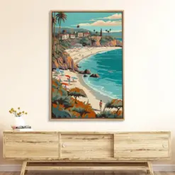 Framed Canvas Wall Art Mediterranean Tropical Beach Shore Ocean Illustration Travel Print Minimalist Modern Wall Art Decor