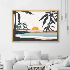 Framed Canvas Wall Art Pastel Ocean Sunset Landscape Print Palm Tree Art Print Mid Century Modern Wall Art Coastal Boho Wall Decor