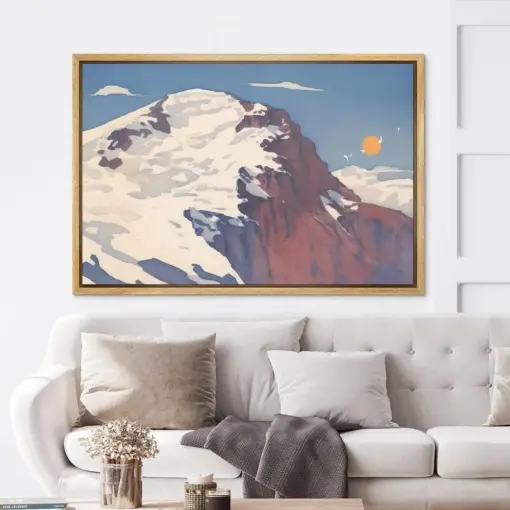 Framed Canvas Wall Art Print Pastel Watercolor Wall Art Mountain Art Print Sun Print Mountain Poster Landscape Prints Snow Mountain Art