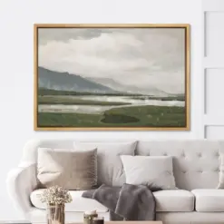Framed Canvas Wall Art Sage Green Countryside Lake Landscape Rustic Art Print Minimalist Vintage Art Modern Farmhouse Wall Decor