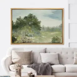 Framed Canvas Wall Art Spring Summer Rustic Floral Emerald Green Forest Vintage Landscape Prints Modern Retro Rural Farmhouse Wall Decor