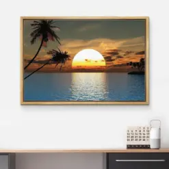 Framed Canvas Wall Art - Tropical Palm Trees Sunset Ocean Endless Summer Photography Print Glee Gallery Wrap Modern Home Art Wall Decor