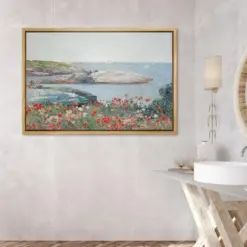 Framed Canvas Wall Art Wildflower Floral Ocean Hillside Cliff Landscape Beach Print Minimalist Vintage Art Modern Nautical Wall Decor