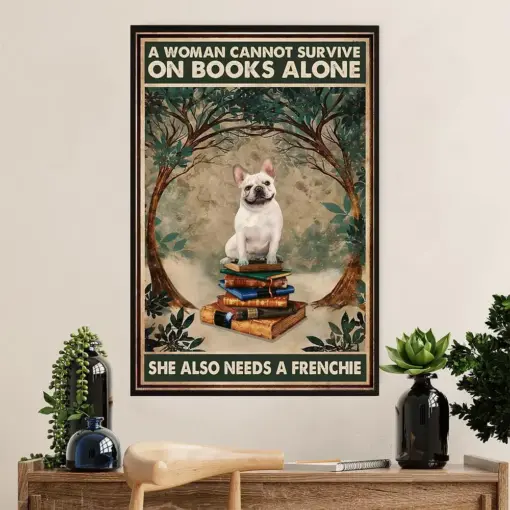 French Bulldog Canvas Wall Art Prints | Woman Loves Books & Dog | Gift For French Bulldog Dog Lover
