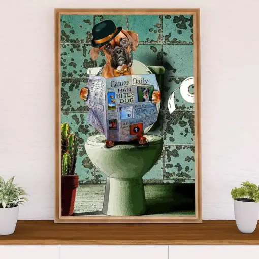 Funny Cute Boxer Canvas Wall Art Prints | Funny Dog In Toilet | Gift For Brindle Boxador Dog Lover