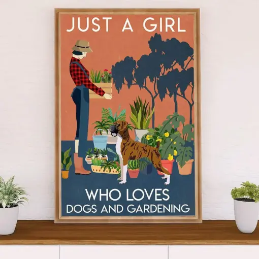 Funny Cute Boxer Canvas Wall Art Prints | Girl Loves Dogs & Gardening | Gift For Brindle Boxador Dog Lover