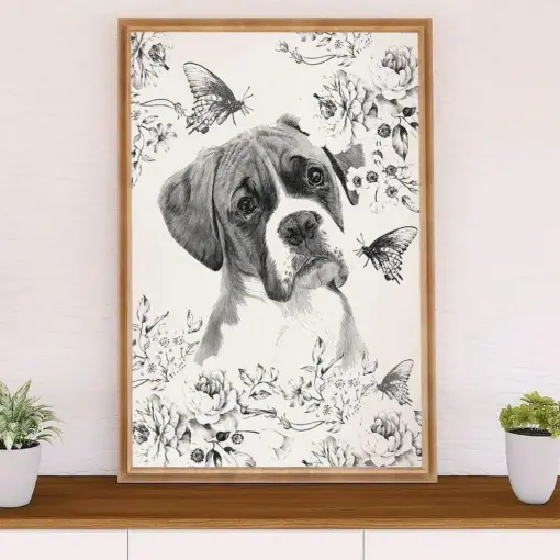 Funny Cute Boxer Poster | Boxer & Butterfly | Wall Art Gift For Brindle Boxador Puppies Lover