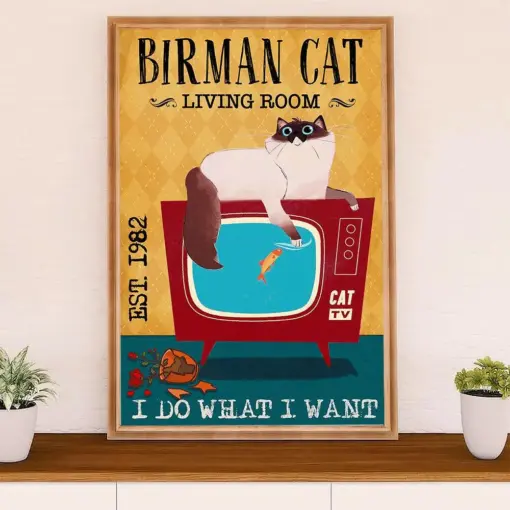 Funny Cute Cat Poster Wall Art Prints | Birman Cat In Living Room | Home Decor Gift For Cat Lover