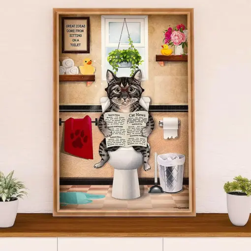 Funny Cute Cat Poster Wall Art Prints | Cat In Toilet | Home Decor Gift For Cat Lover