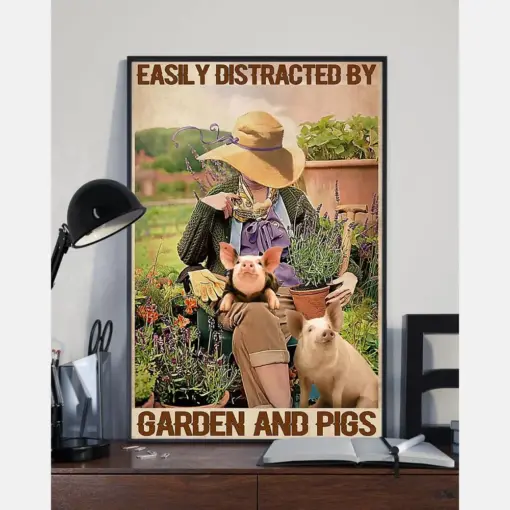 Garden Girl And Pigs Poster Easily Distracted Vintage Room Home Decor Wall Art Gifts Idea