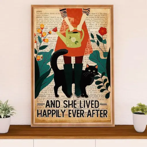 Gardening Poster Home Décor Wall Art | Black Cat & Girl | Gift For Gardener, Plants Lover