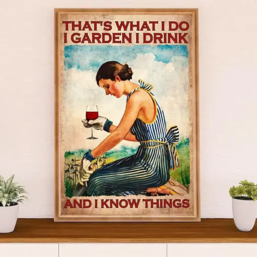 Gardening Poster Home Décor Wall Art | Woman Gardens & Drinks | Gift For Gardener, Plants Lover