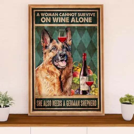 German Shepherd Canvas Prints | Woman Loves Wine & Dog | Wall Art Gift For Shepherd Dog Lover