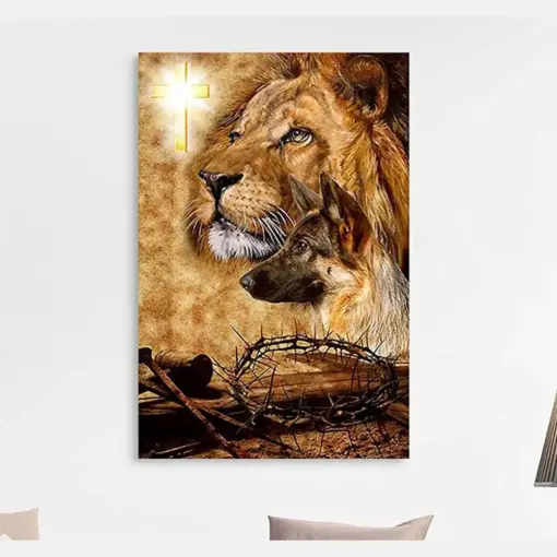 German Shepherd God Crown Of Thorn And Nail, Lion And The Cross