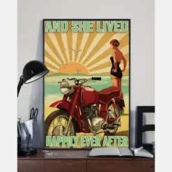 Girl Biker Motorbike Poster And She Lived Happily Ever After Vintage Room Home Decor Wall Art Gifts Idea