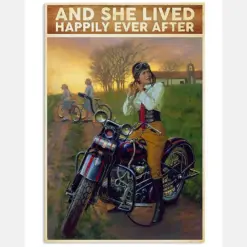 Girl Loves Motorcycle Biker Canvas Prints And She Lived Happily Ever After Vintage Wall Art Gifts Vintage Home Wall Decor Canvas