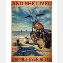 Girl Motorcycle Beach Canvas Prints And She Lived Happily Ever After Vintage Wall Art Gifts Vintage Home Wall Decor Canvas