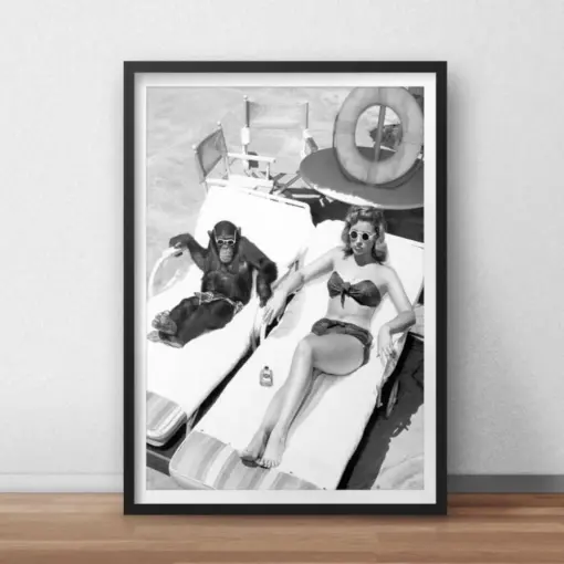 Girl With Chimpanzee Sunbathing Poster Retro Photography Print Vintage Fashion Print Art Decor Humor Prints Drinkable Wall Art