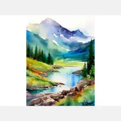 Glacier National Park Watercolor Art Print Canada Landscape Artwork Pine Trees Painting Mountains Wall Art Poster