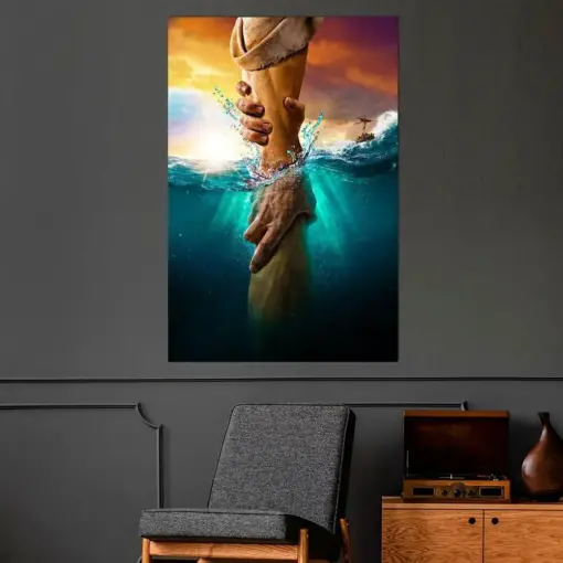 God's Hand Print Modern Christian Art Print Jesus Hand In Water Canvas Wall Art Abstract Bible Verse Art Living Room Decor
