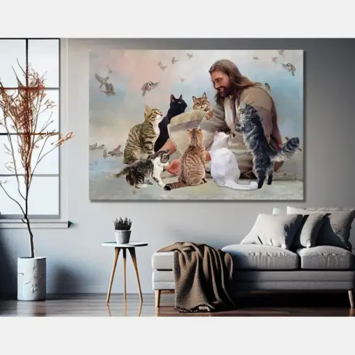 God Surrounded By Cats Angels Canvas Wall Art Cat Lovers Canvas Cat Canvas God Wall Art Canvas Gift