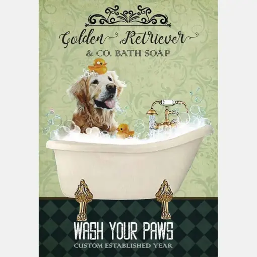 Golden Retriever Dog In Bathtub Bath Soap Established Wash Your Paws