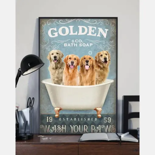 Golden Retriever In Bath Tub Wash Your Paws Funny Poster Vintage Room Home Decor Wall Art Gifts Idea