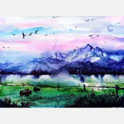 Grand Ten Art Landscape Original Painting Usa Wyoming National Park Watercolor Art Mountains Artwork 18 By 24 In