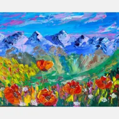 Grand Ten Original Painting National Park Red Poppy Rocky Mountains Fields Impact Ad Painting Textured Wall Art Palette Knife Artwork