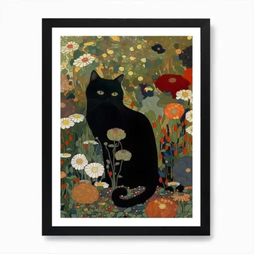 Gustav List Style Black Cat In A Garden Art Print Pet Wall Art Black Cat Poster Animal Print
