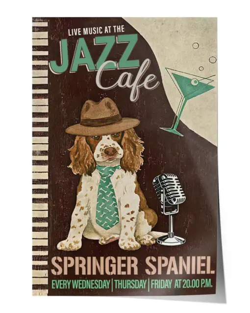 Live music at the jazz cafe springer spaniel Wall Decor Artwork Print Poster Wall Art Print Home Decor Vintage - Satin Portrait Poster