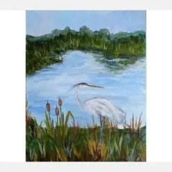 Heron Painting Original Oil Artwork White Heron Bird Wall Art Blue Heron