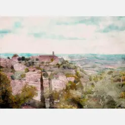 Hilltop Vista Medieval Italian Village Art Print Watercolor Painting Tuscan Landscape