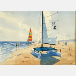 Homie Cat Beach Scene Print Sailing Watercolor Ocean Art Seascape