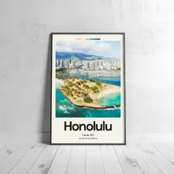 Honolulu Beach Poster - Oil Painting Technique | United States Wall Art | & Printed Travel Prints | Animalistic Home Decor