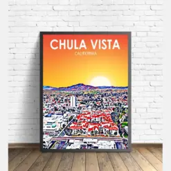 Hula Vista California Art Poster Sunset / Night Landscape Poster Print Hula Vista City Framed Wall Art Skyline Sketch