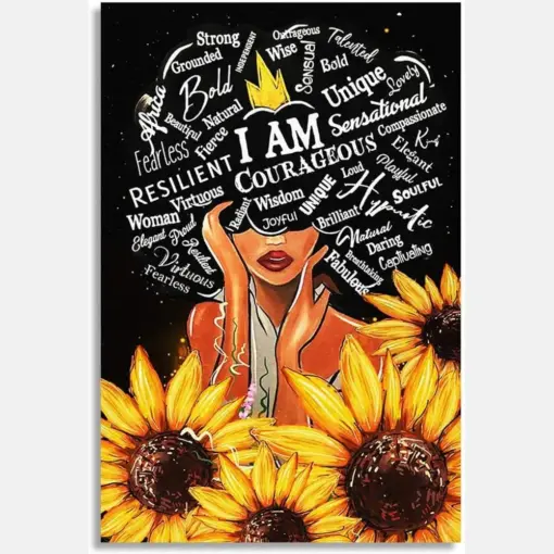 I Am Courageous Resilient Strong Unique Crown Black Woman Vintage Retro Sunflower Illustration