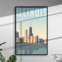 Illinois Vintage Travel Poster Retro Style Travel Print Us States Rustic Wall Art Landmarks Aesthetic Decor Modern Graphic Artwork Gift