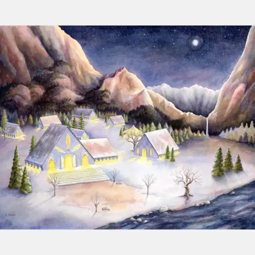 In Winter Watercolor Print Token Art Lord Of The Rings The Hobbits Elves Snowy Mountain Landscape