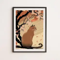 Ith Cat In Blossom Japanese Art Style Japanese Cat Poster Japanese Cat Painting