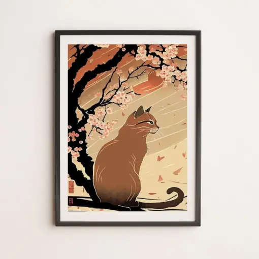 Ith Cat In Blossom Japanese Art Style Japanese Cat Poster Japanese Cat Painting