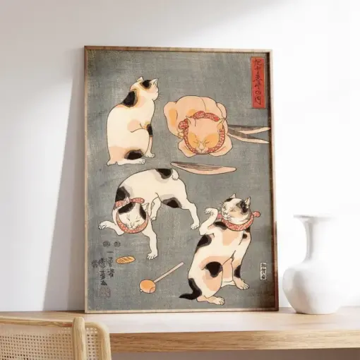 Japanese Cat Poster Four Cats In Different Poses Cat Poster Cat Print Japanese Art Poster Animal Art Print Gift