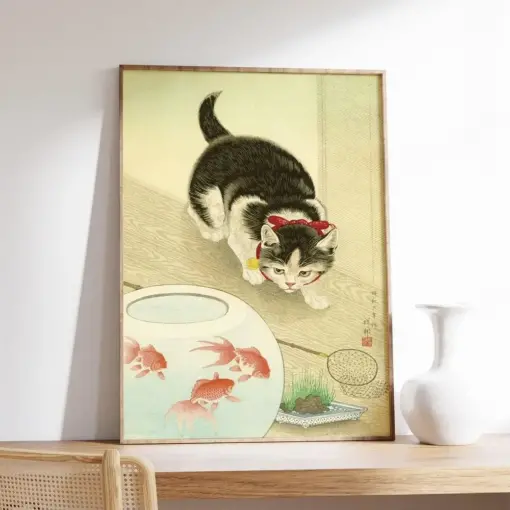 Japanese Cat Poster Japanese Cat Art Print Goldfish Animal Wall Art Decor Animal Art Print Cat Lovers Gift Oriental Art