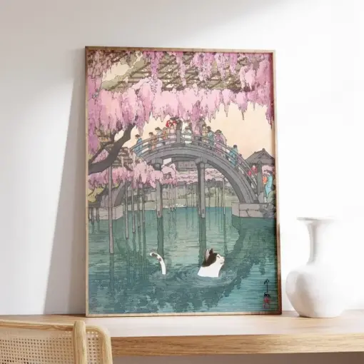 Japanese Cat Poster Japanese Cat Art Print Wall Art Decor Exhibition Poster Print Bridge By Hiroshi Yoshida Floral Print Gift