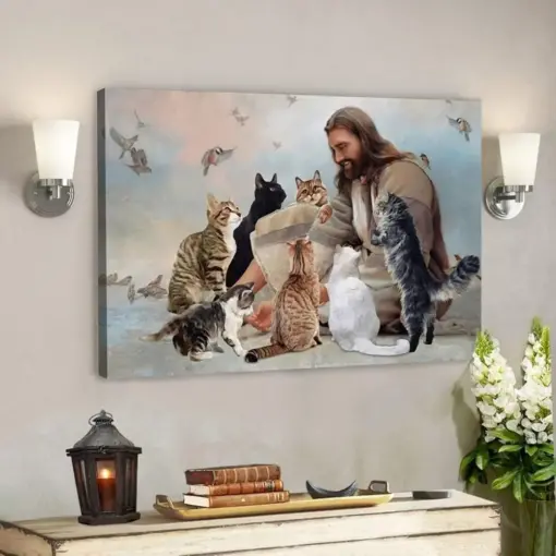 Jesus God Landscape Canvas Prints - God Wall Art - God Surrounded By Cats - Christian Canvas Prints Jesus Canvas - Christian Gift