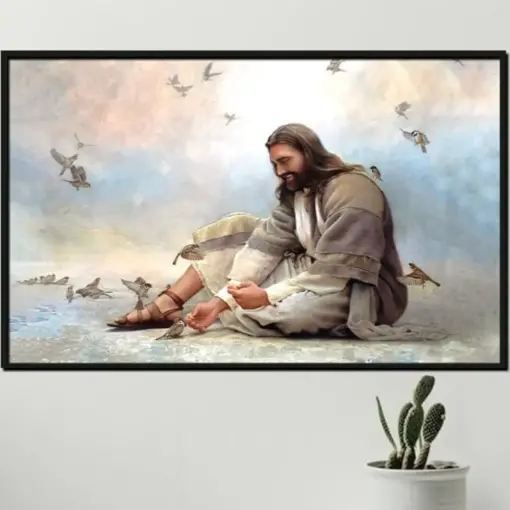 Jesus Sit On The Beach Feeding Sparrow Poster Christian Wall Art Jesus Wrapped Canvas Gift Idea