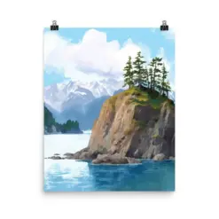 Kensi Fjords Watercolor Print | Alaska Travel Gift | Alaskan Wilderness Wall Art | Alpine Landscape | Glacial Beauty | Coastal Treks | Decor